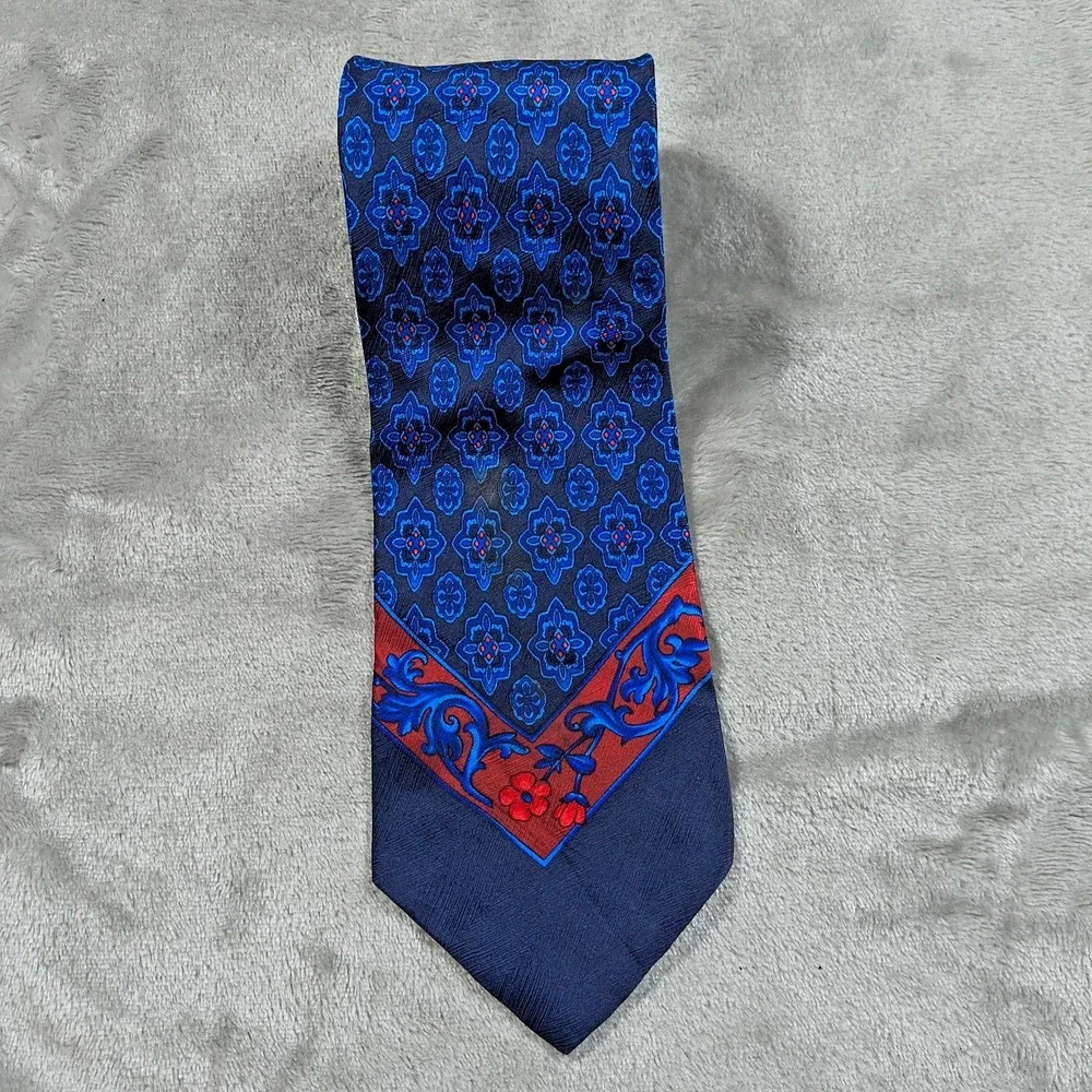 Vintage Gianni Versace Tie Blue Red Floral Geometric‎ Medallion Silk 57x4 Spain